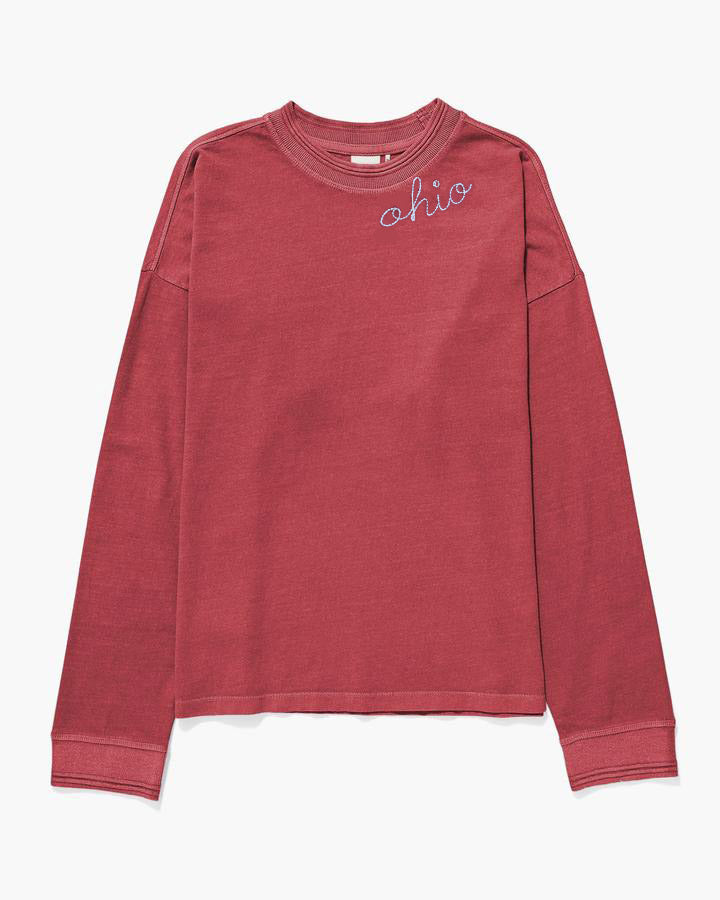 Ohio Long Sleeve Script Tee, Washed Red